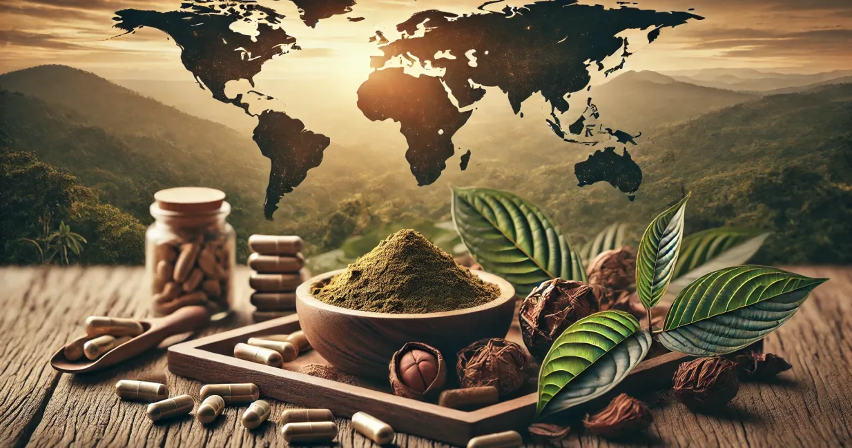 DALL·E 2024-11-12 11.23.35 - A landscape-style high-quality photograph representing the global demand for kratom. The image shows a rustic wooden table with a bowl of kratom powde