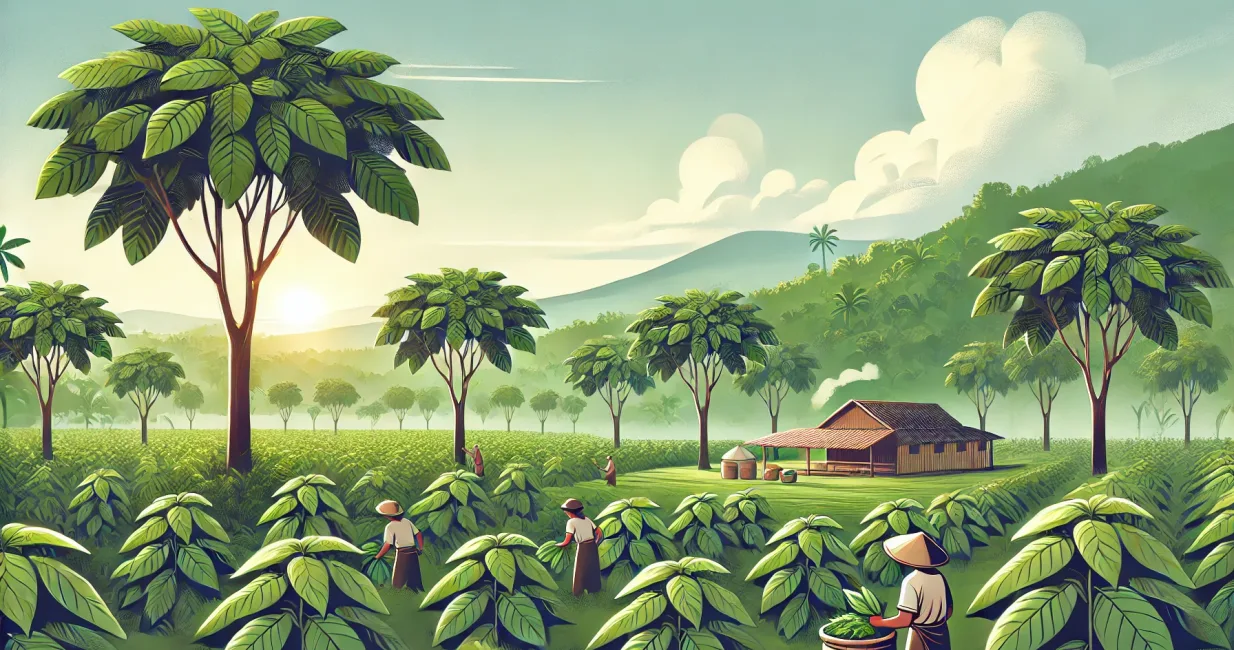 DALL·E 2024-11-13 14.11.20 - A landscape illustration showcasing a rural kratom plantation in Indonesia. The scene shows lush green kratom trees with wide, dense leaves under a tr