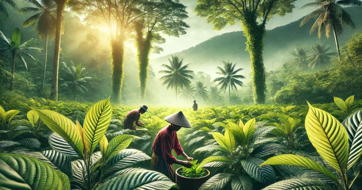 DALL·E 2025-03-14 07.09.51 - A lush kratom plantation in Indonesia with vibrant green trees. Farmers carefully harvesting kratom leaves by hand, wearing traditional attire. The ba