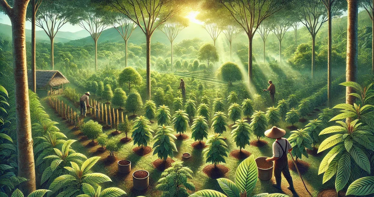 DALL·E 2025-03-17 04.34.17 - A lush kratom farm with various types of kratom trees in different growth stages. The scene includes farmers tending to the plants, carefully harvesti