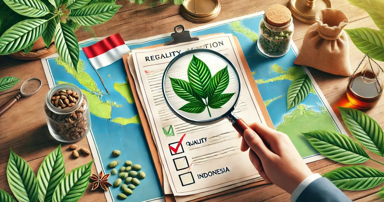 DALL·E 2025-03-26 04.58.51 - A professional-looking wide image representing the search for a reliable Kratom supplier in Indonesia. The image includes a magnifying glass hovering