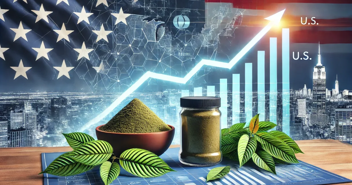 DALL·E 2025-03-28 05.00.47 - A visually engaging image depicting the rising demand for Kratom in the U.S. The image includes a market trend chart with an upward trajectory, a pile